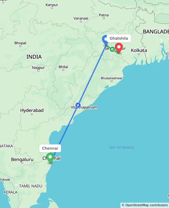 Route map showing distance and travel time from Chennai, India to Ghatshila, India