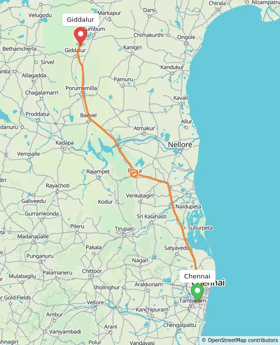 Route map showing distance and travel time from Chennai, India to Giddalur, India