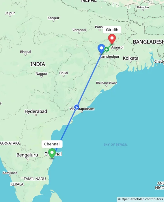 Route map showing distance and travel time from Chennai, India to Giridih, India
