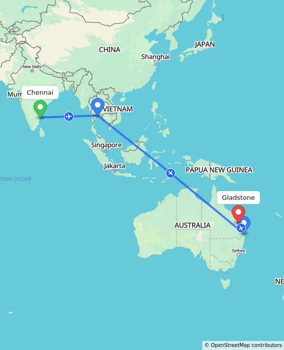 Route map showing distance and travel time from Chennai, India to Gladstone, Australia