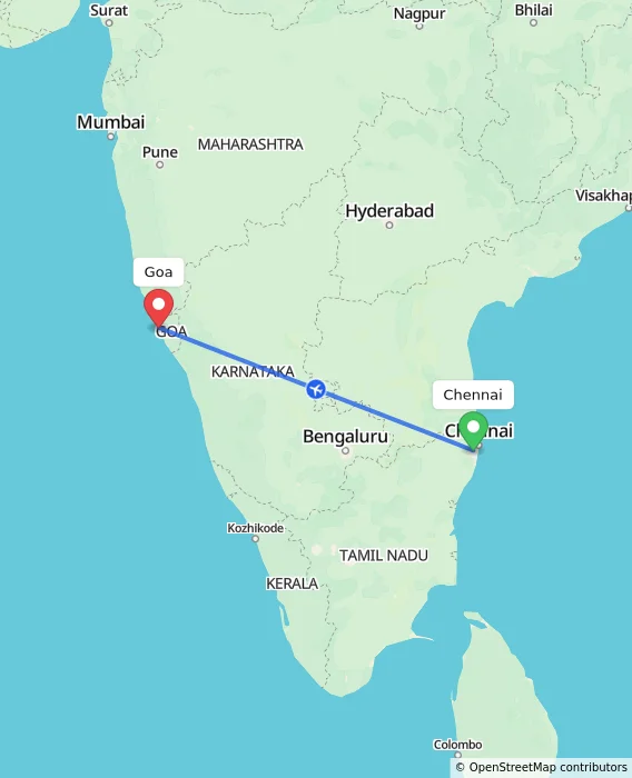 Route map showing distance and travel time from Chennai, India to Goa, India