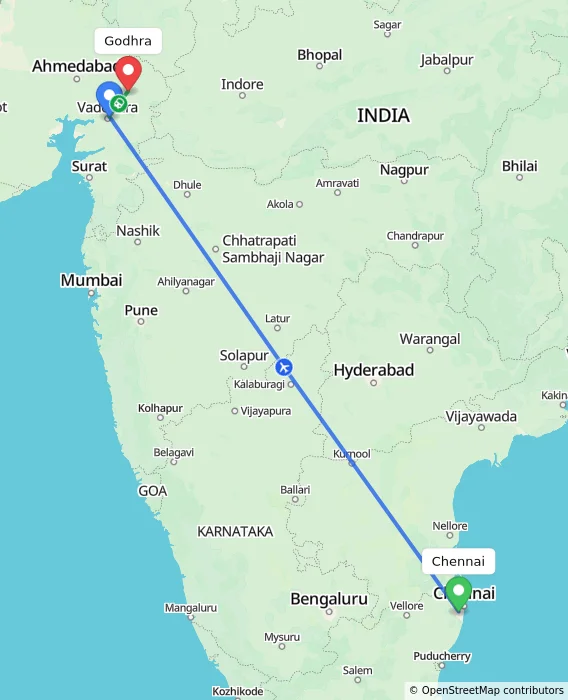 Route map showing distance and travel time from Chennai, India to Godhra, India