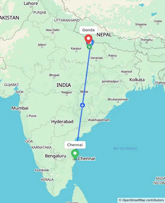 Route map showing distance and travel time from Chennai, India to Gonda, India