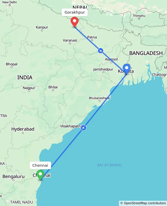 Route map showing distance and travel time from Chennai, India to Gorakhpur, India