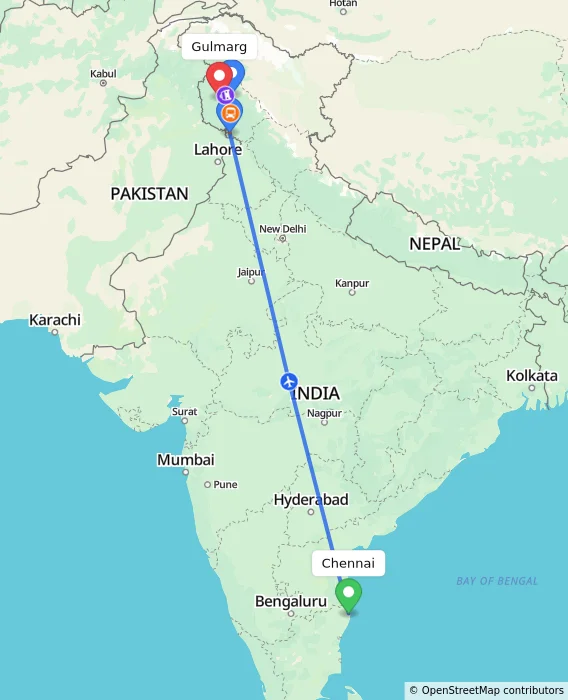 Route map showing distance and travel time from Chennai, India to Gulmarg, India