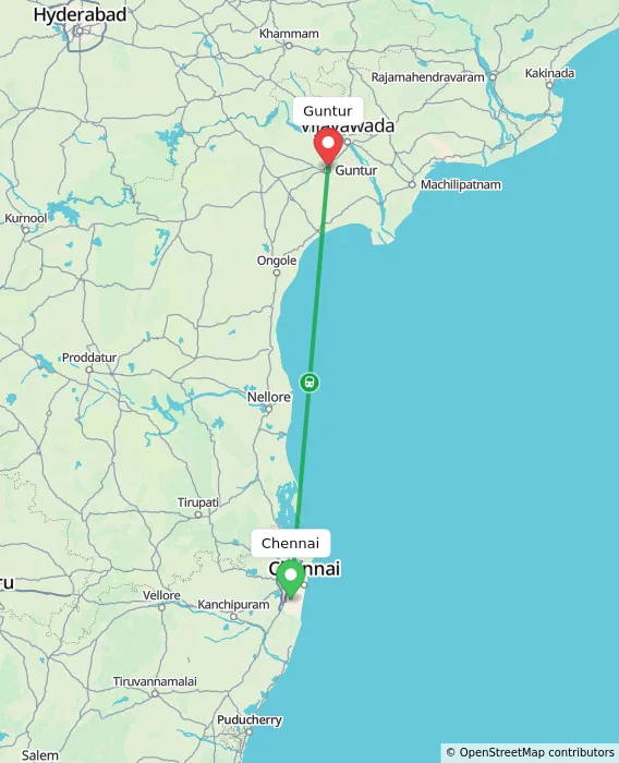 Route map showing distance and travel time from Chennai, India to Guntur, India