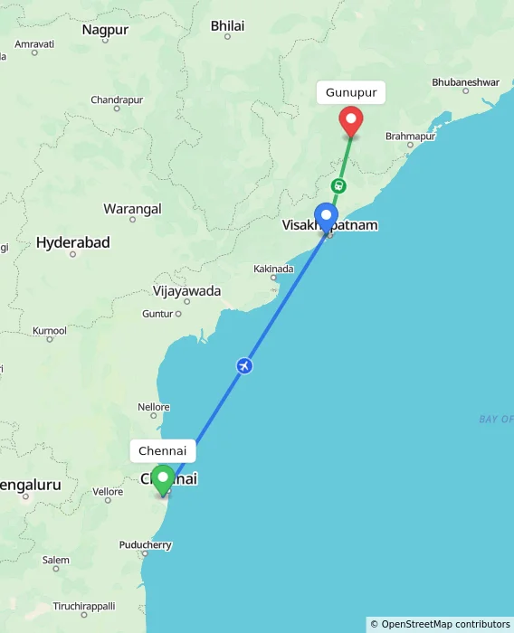 Route map showing distance and travel time from Chennai, India to Gunupur, India