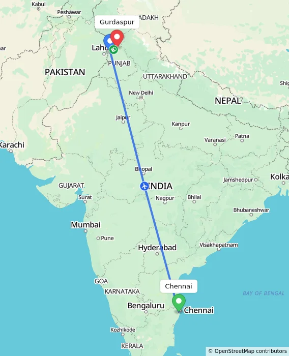Route map showing distance and travel time from Chennai, India to Gurdaspur, India