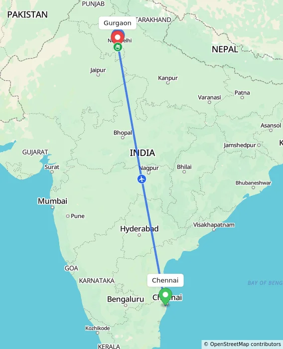 Route map showing distance and travel time from Chennai, India to Gurgaon, India