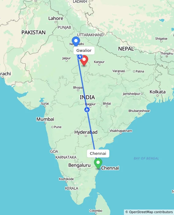 Route map showing distance and travel time from Chennai, India to Gwalior, India