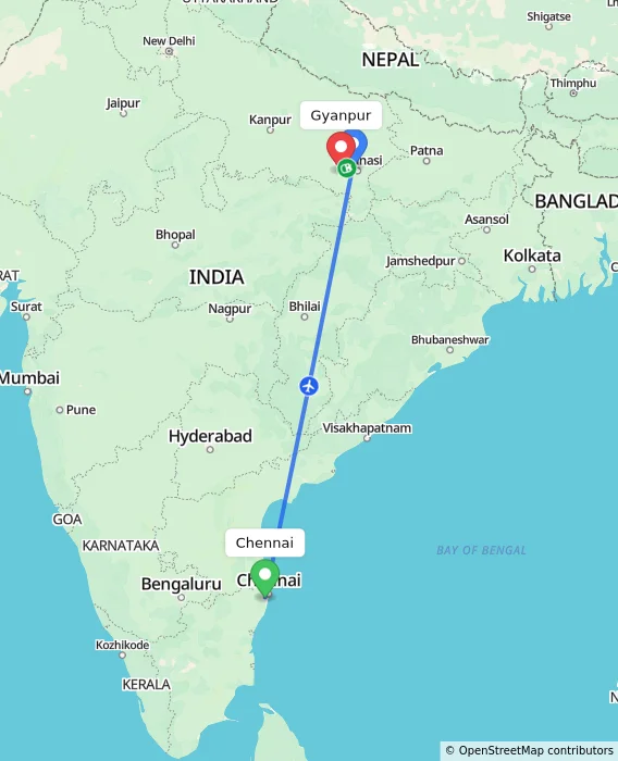 Route map showing distance and travel time from Chennai, India to Gyanpur, India