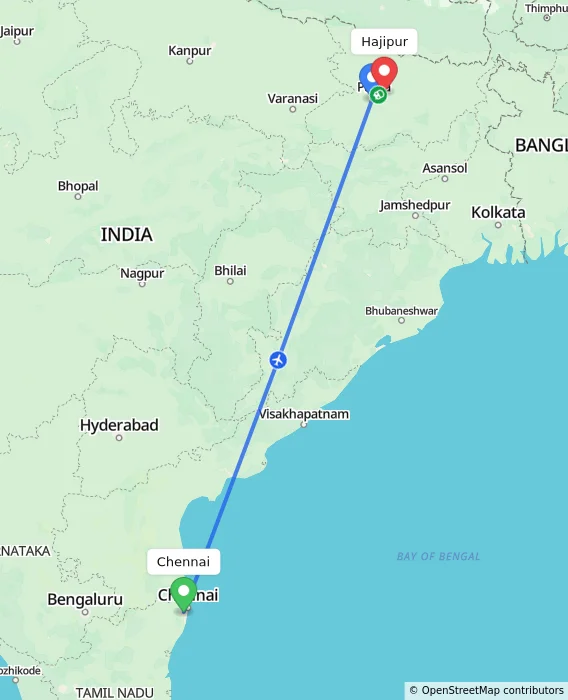 Route map showing distance and travel time from Chennai, India to Hajipur, India