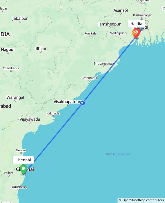 Route map showing distance and travel time from Chennai, India to Haldia, India