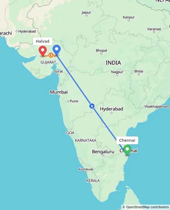 Route map showing distance and travel time from Chennai, India to Halvad, India