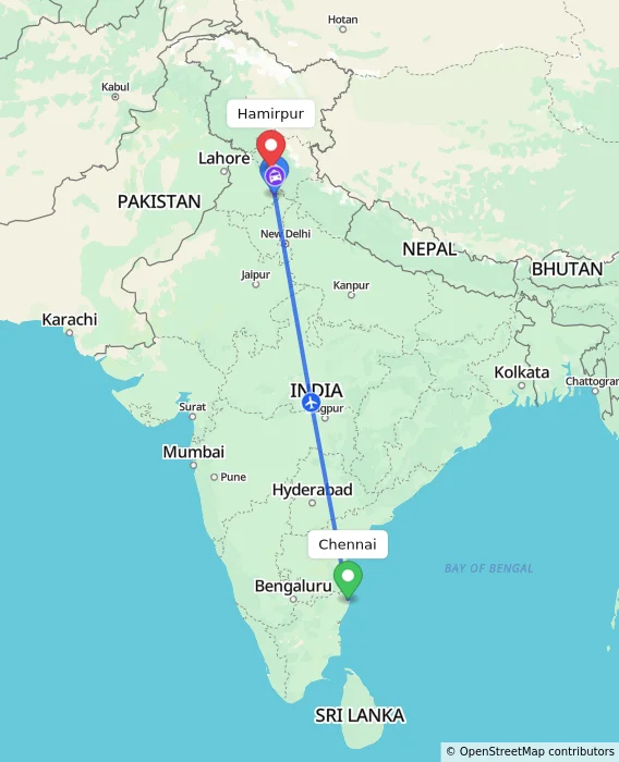 Route map showing distance and travel time from Chennai, India to Hamirpur, India