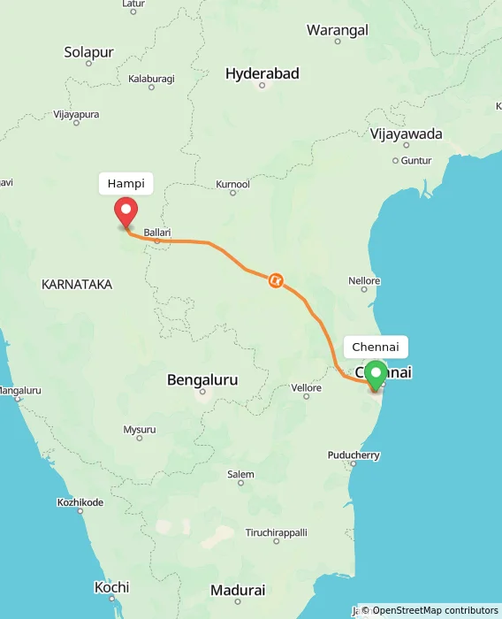 Route map showing distance and travel time from Chennai, India to Hampi, India