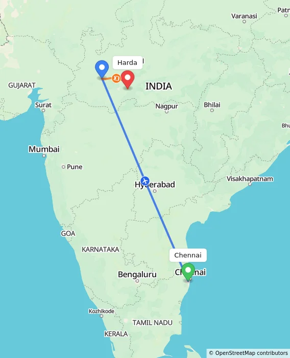 Route map showing distance and travel time from Chennai, India to Harda, India