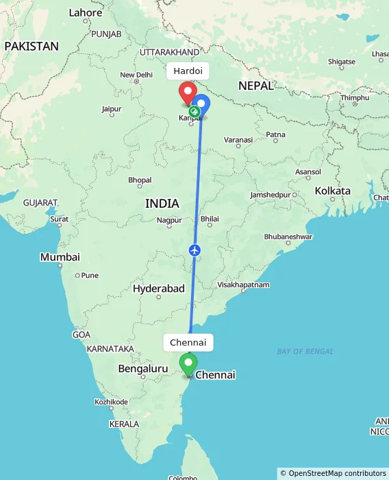Route map showing distance and travel time from Chennai, India to Hardoi, India