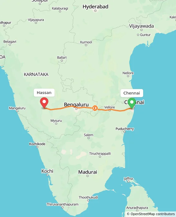 Route map showing distance and travel time from Chennai, India to Hassan, India