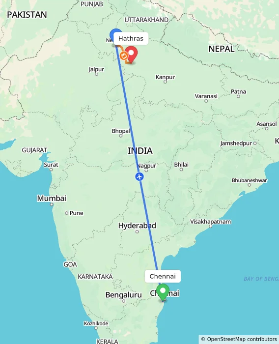 Route map showing distance and travel time from Chennai, India to Hathras, India