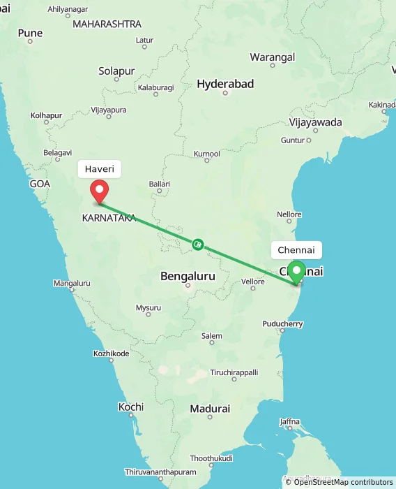 Route map showing distance and travel time from Chennai, India to Haveri, India