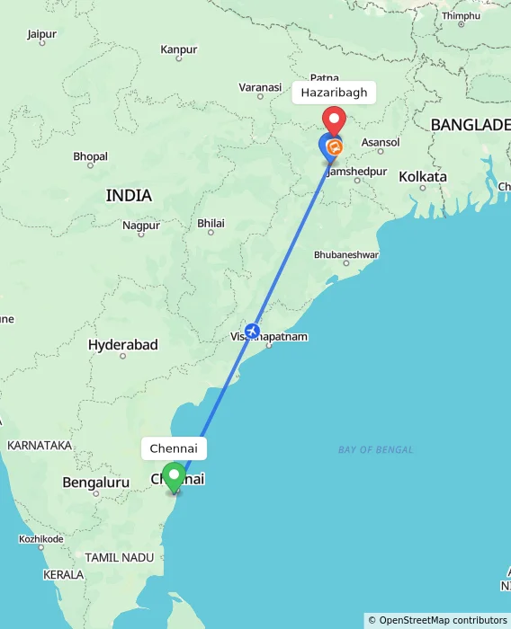 Route map showing distance and travel time from Chennai, India to Hazaribagh, India