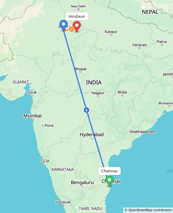 Route map showing distance and travel time from Chennai, India to Hindaun, India