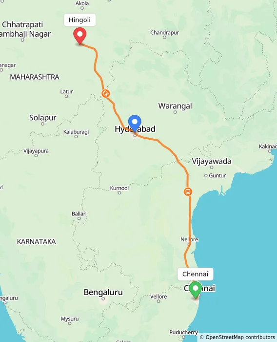 Route map showing distance and travel time from Chennai, India to Hingoli, India