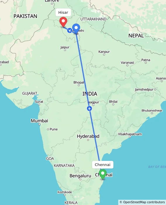 Route map showing distance and travel time from Chennai, India to Hisar, India