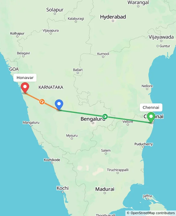 Route map showing distance and travel time from Chennai, India to Honavar, India