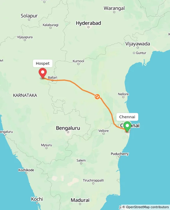 Route map showing distance and travel time from Chennai, India to Hospet, India