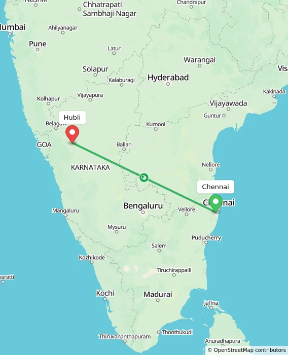 Route map showing distance and travel time from Chennai, India to Hubli, India