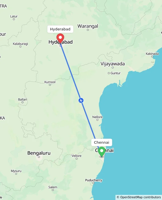 Route map showing distance and travel time from Chennai, India to Hyderabad, India