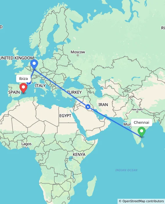 Route map showing distance and travel time from Chennai, India to Ibiza, Spain