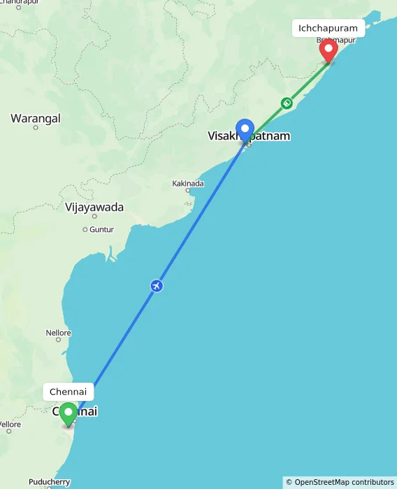 Route map showing distance and travel time from Chennai, India to Ichchapuram, India