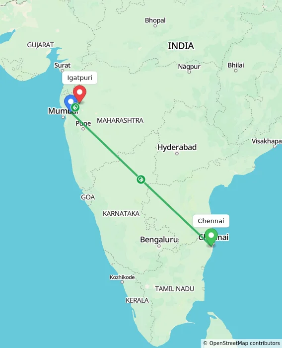Route map showing distance and travel time from Chennai, India to Igatpuri, India