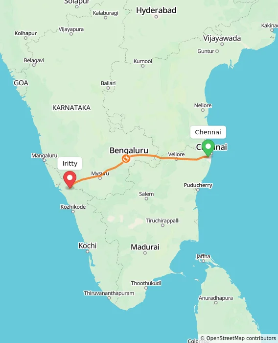 Route map showing distance and travel time from Chennai, India to Iritty, India