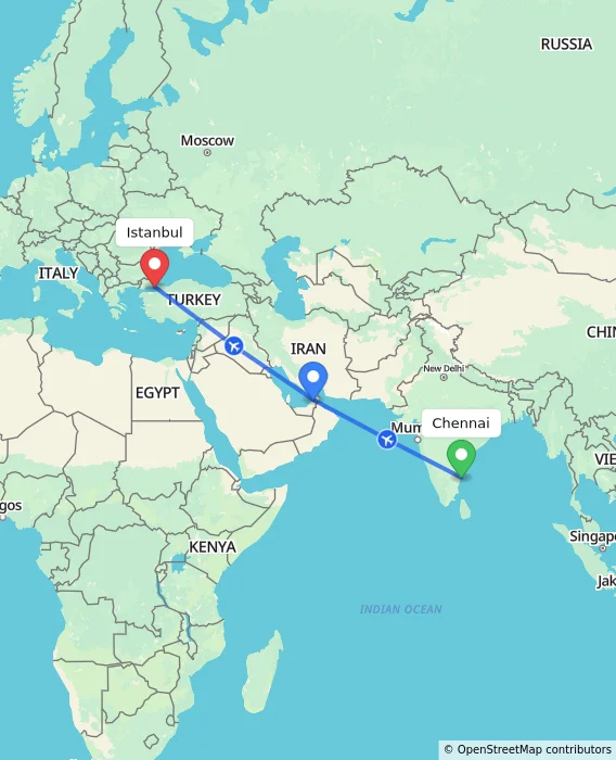 Route map showing distance and travel time from Chennai, India to Istanbul, Turkey