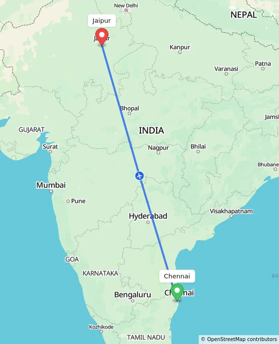 Route map showing distance and travel time from Chennai, India to Jaipur, India