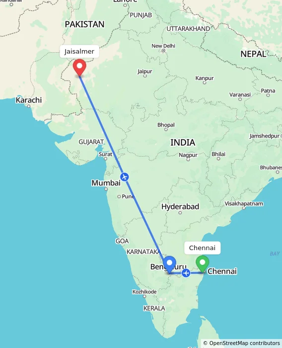 Route map showing distance and travel time from Chennai, India to Jaisalmer, India