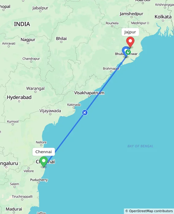 Route map showing distance and travel time from Chennai, India to Jajpur, India