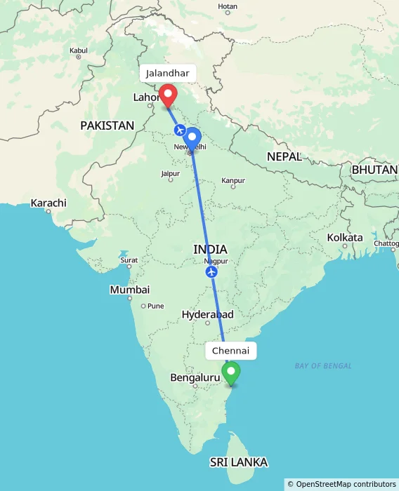 Route map showing distance and travel time from Chennai, India to Jalandhar, India