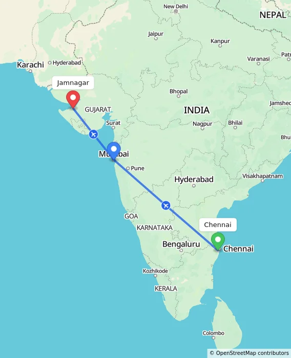 Route map showing distance and travel time from Chennai, India to Jamnagar, India