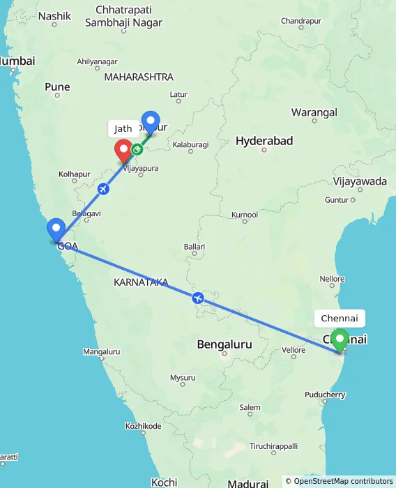 Route map showing distance and travel time from Chennai, India to Jath, India