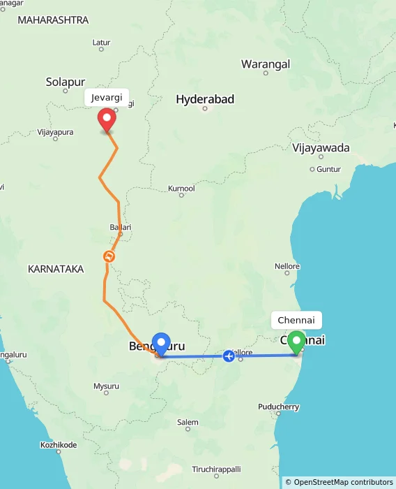 Route map showing distance and travel time from Chennai, India to Jevargi, India