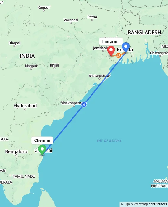 Route map showing distance and travel time from Chennai, India to Jhargram, India