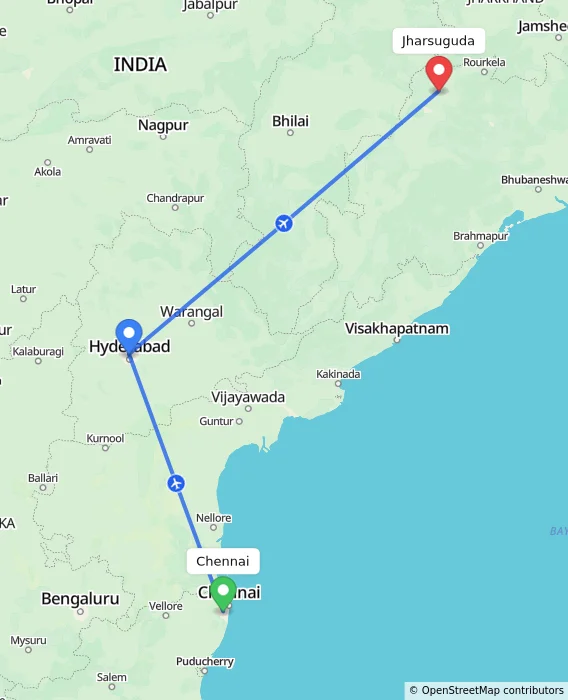 Route map showing distance and travel time from Chennai, India to Jharsuguda, India