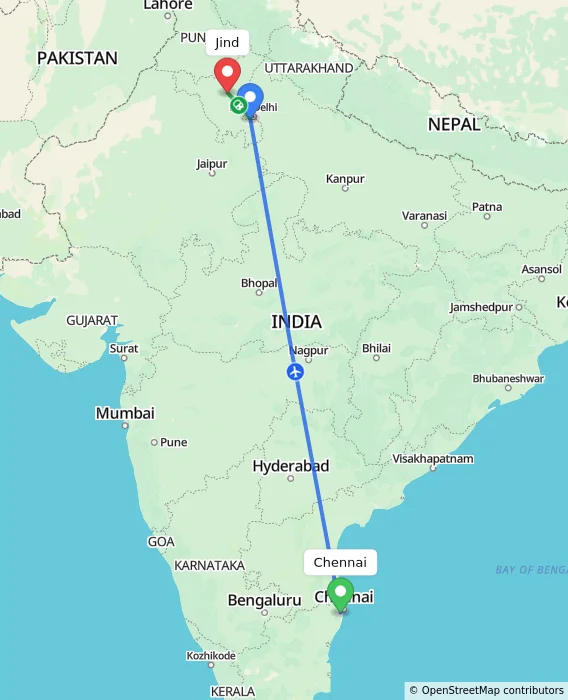 Route map showing distance and travel time from Chennai, India to Jind, India