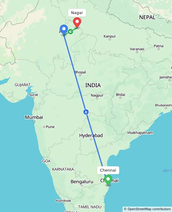 Route map showing distance and travel time from Chennai, India to Nagar, India