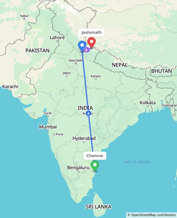 Route map showing distance and travel time from Chennai, India to Joshimath, India